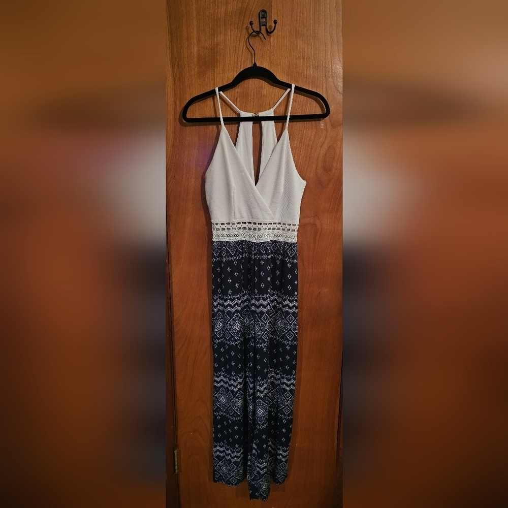 Papaya Sleeveless Boho Wide-Leg Jumpsuit | Navy & White Tribal Print | Size M